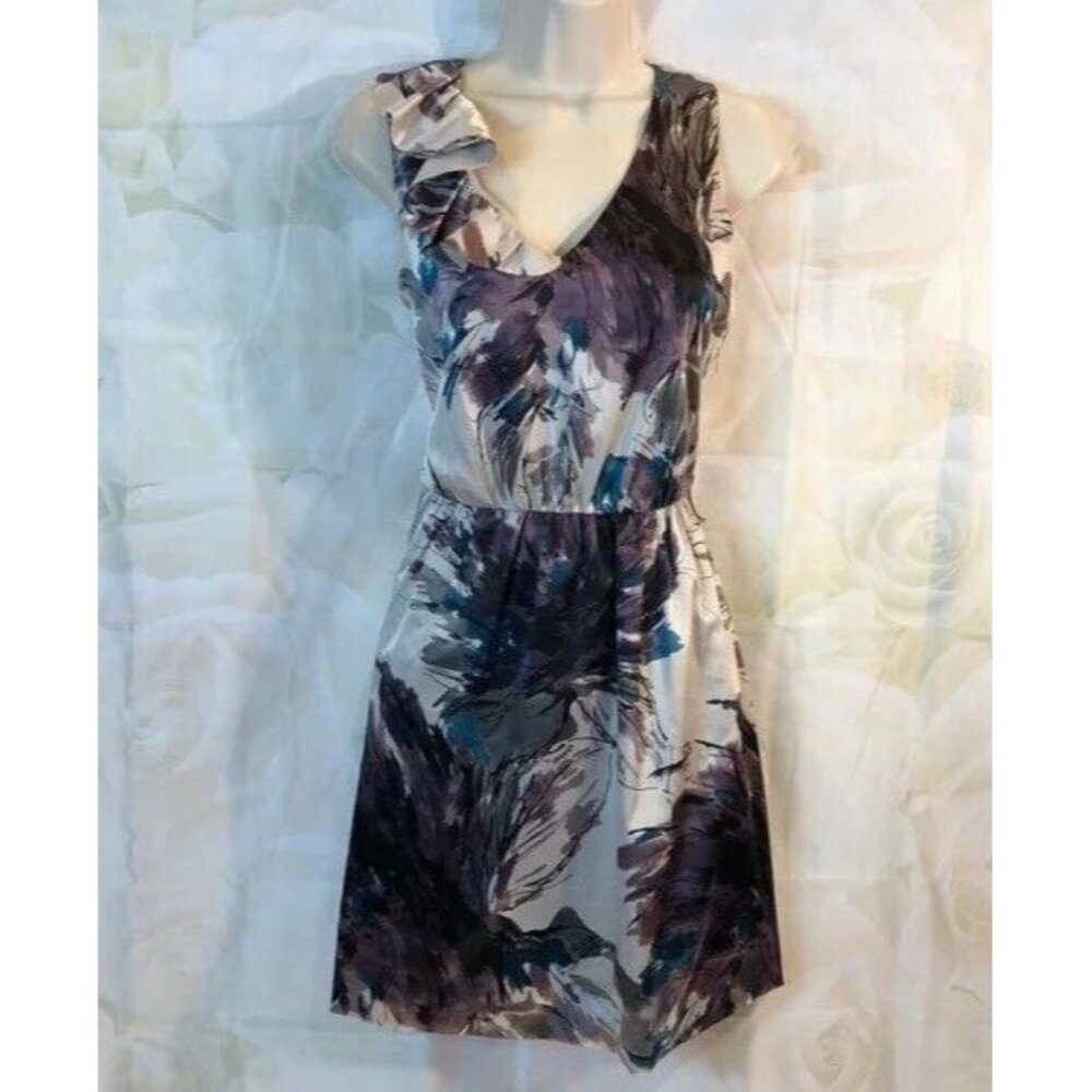 Lauren Conrad Dress Silky V Neck Sleeveless Ruffle Accent Watercolor Pattern 2